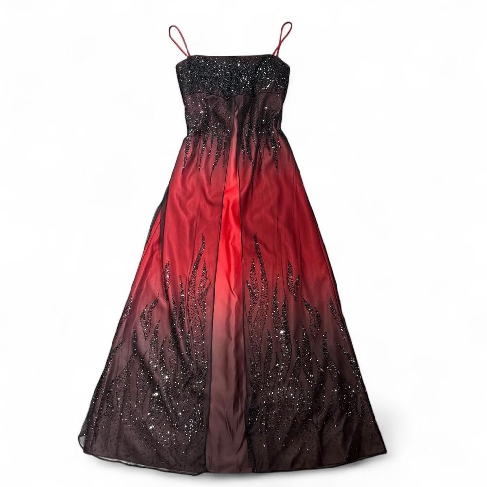 Y2K Whimsygoth Grunge Ombré Mesh Layer Flame Beaded Gown